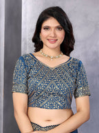 Vastranavya Blue Embroidery Work Shimmer Chiffon Saree with Unstitched Blouse | Grocsy