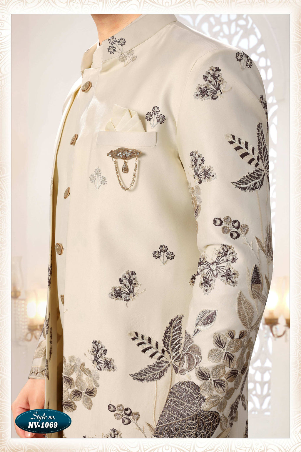 Joban Fashion Men's Cream Straight Malai Silk Thread And Sequence Embroidery All Over 3 Pc Kurta Set | Grocsy