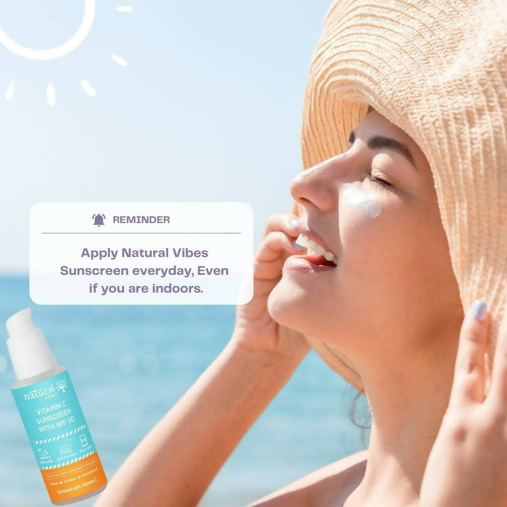 Natural Vibes Vitamin C Sunscreen SPF 50 + - UVA/UVB rays, Blue Light & Pollution Protection | Grocsy