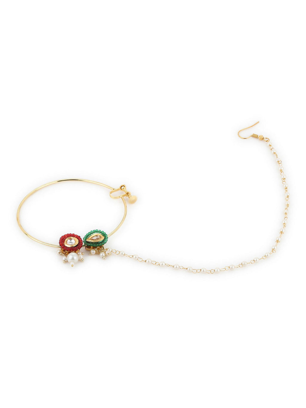 Gold-Polished White Red Stone-Studded Pearl Beaded Nosepin - Ruby Raang | Grocsy