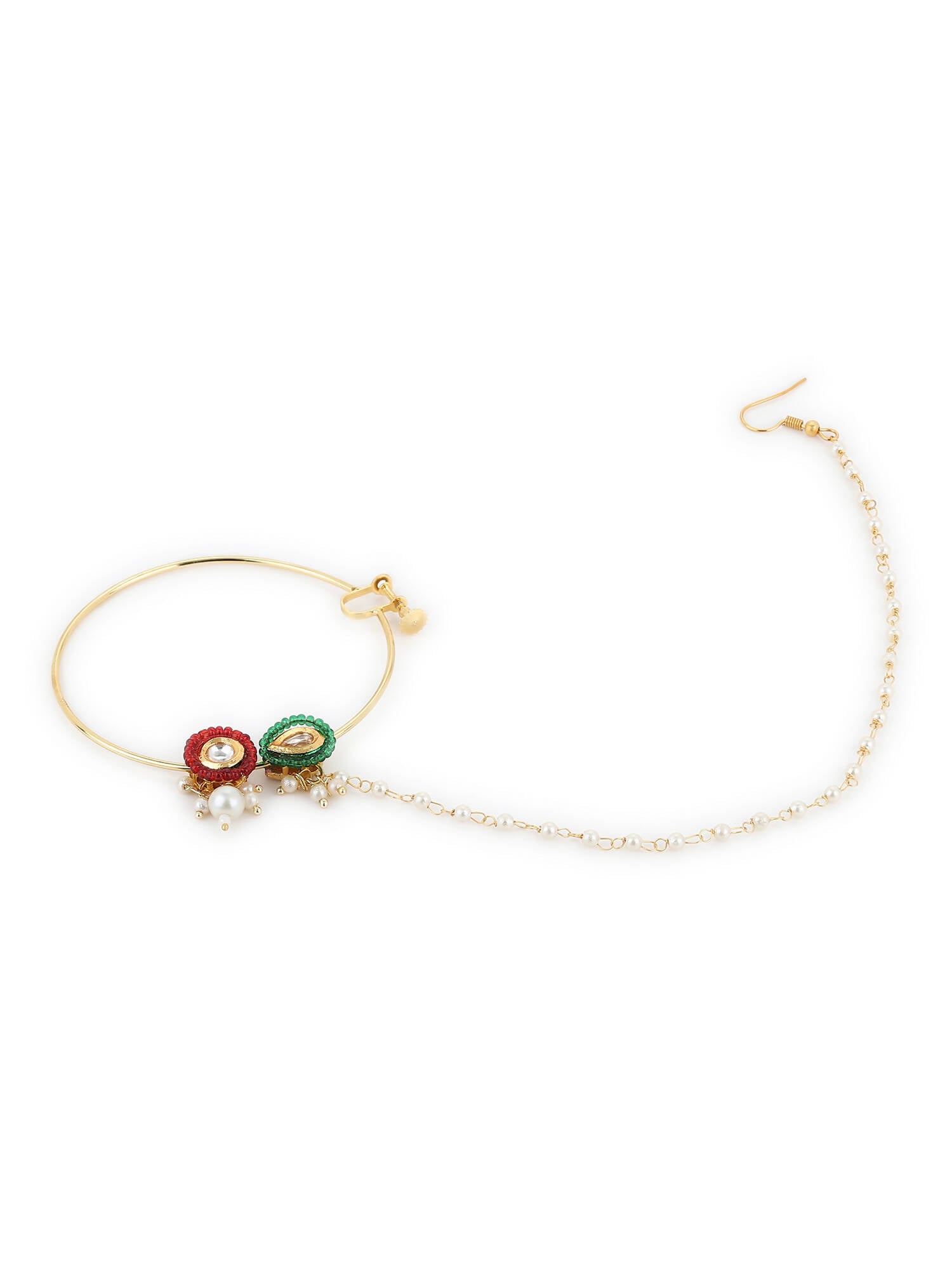 Gold-Polished White Red Stone-Studded Pearl Beaded Nosepin - Ruby Raang | Grocsy