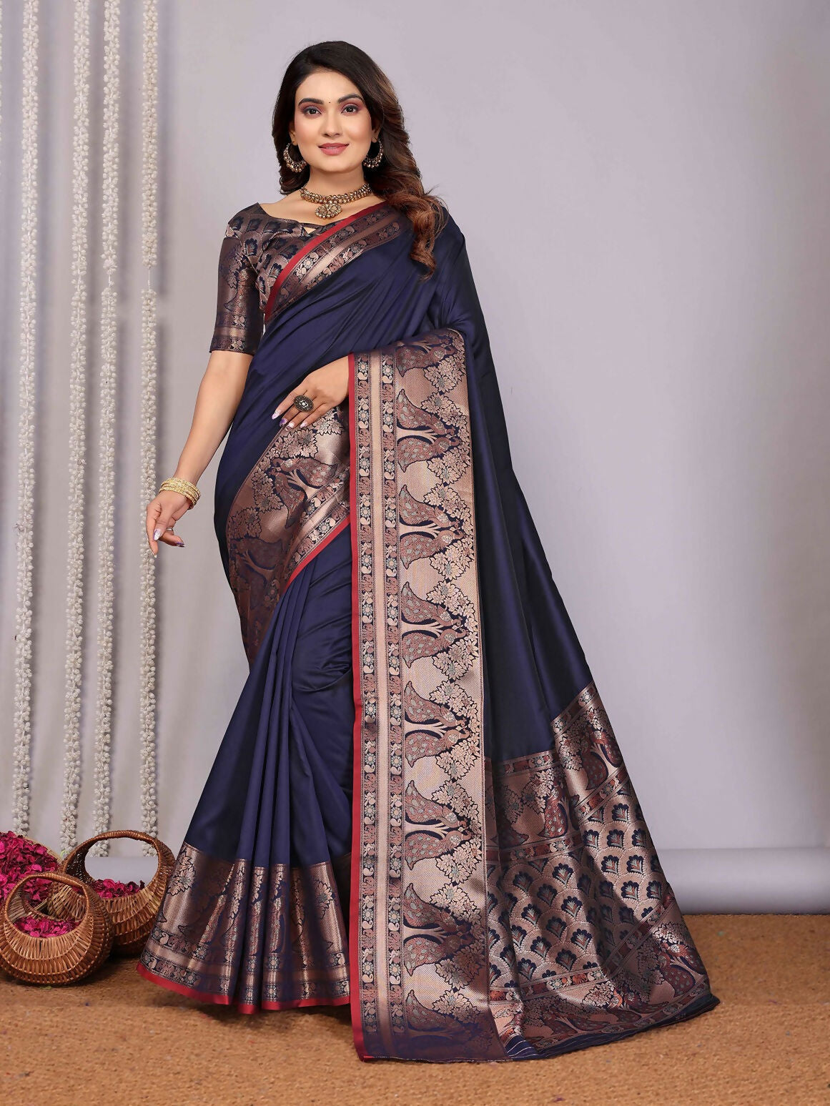 Joban Fashion Navy Blue Woven Banarasi Silk Sarees | Grocsy
