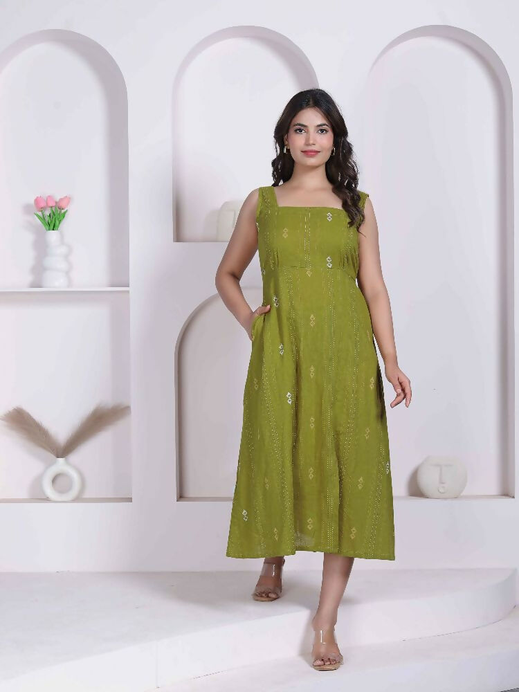 Miravan Womens Abstract Printed Green ALine Maxi Dress | Grocsy