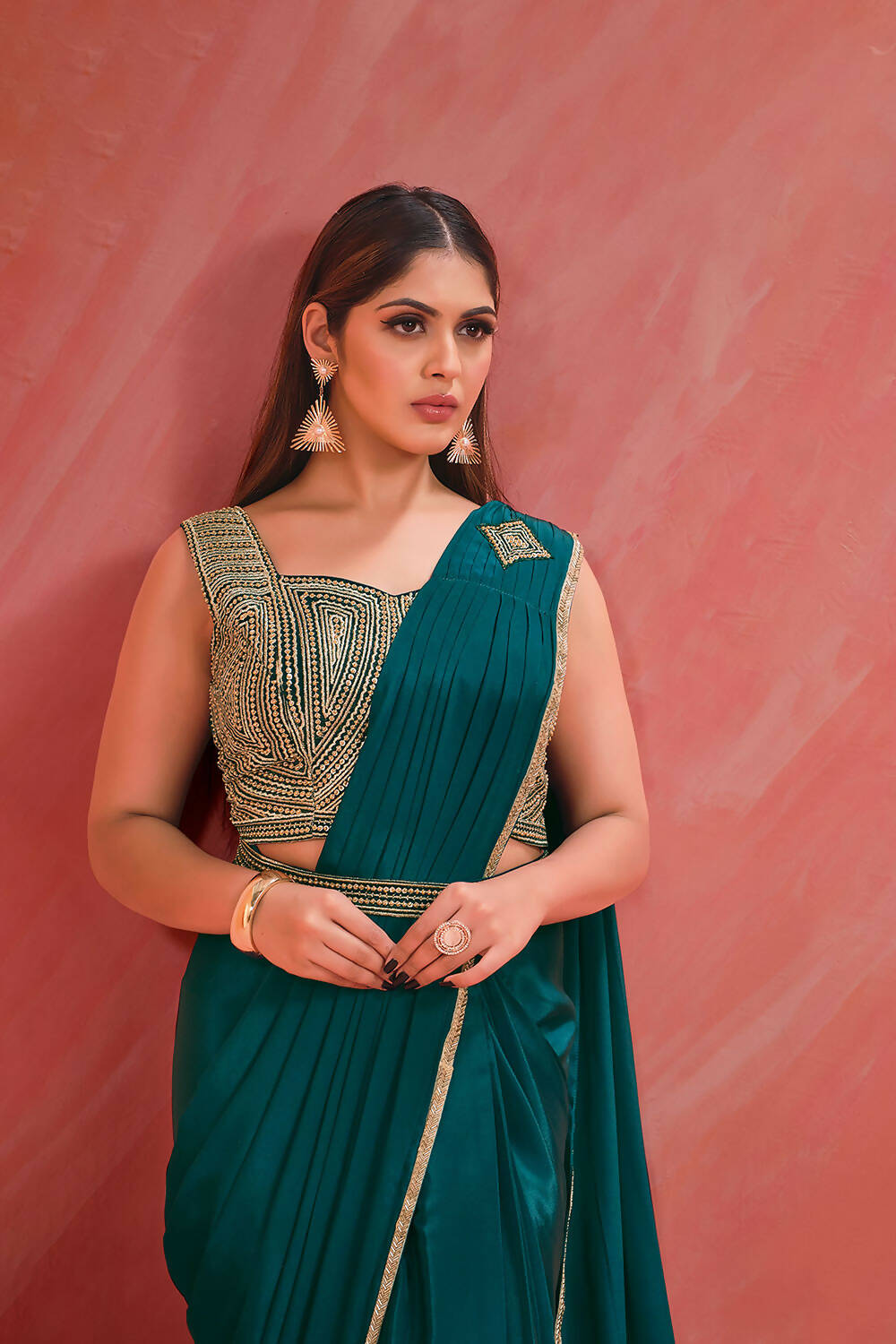 Light Teal Crepe Silk Georgette Jari, Sequence & Moti Work Saree With Stitched Blouse - Mohmanthan Elegancia | Grocsy