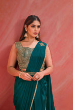 Light Teal Crepe Silk Georgette Jari, Sequence & Moti Work Saree With Stitched Blouse - Mohmanthan Elegancia | Grocsy
