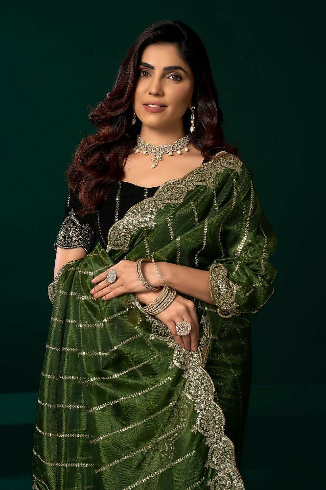 Joban Fashion Green Net Party Wear Sarees | Grocsy