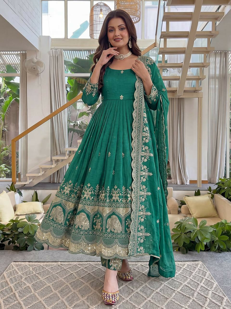 Teeya Creation New Trendy Stylish Wedding Wear Embroidered Anarkali Set - Teal-Green | Grocsy