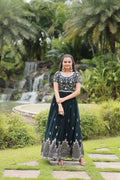 Vastranavya Premium Designer Faux Blooming with Embroidery Zari Sequins work Gown - Teal | Grocsy