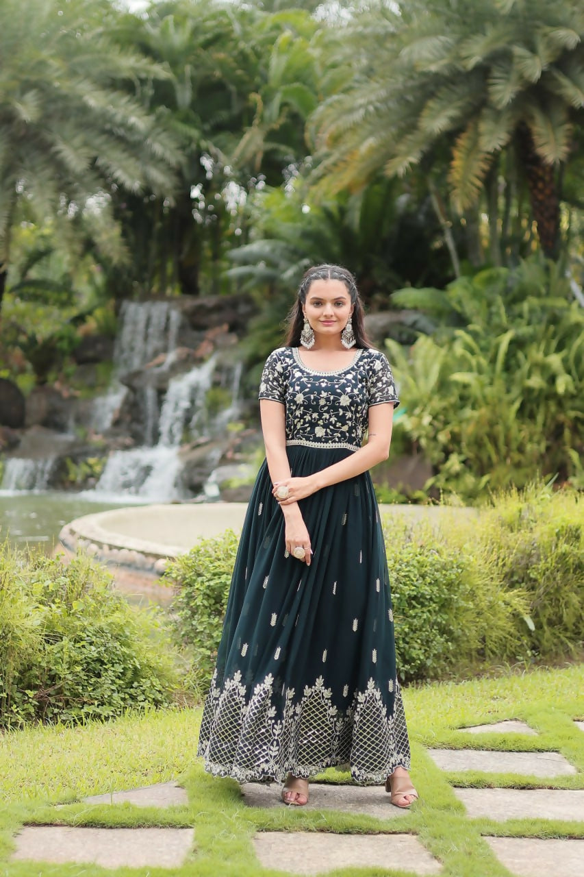 Vastranavya Premium Designer Faux Blooming with Embroidery Zari Sequins work Gown - Teal | Grocsy