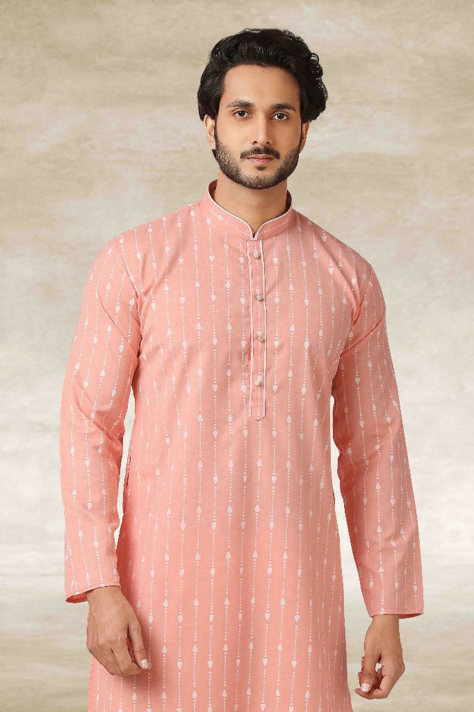 Raivat Ethnic Cotton Printed Work Kurta Pajama In Pink Colour | Grocsy