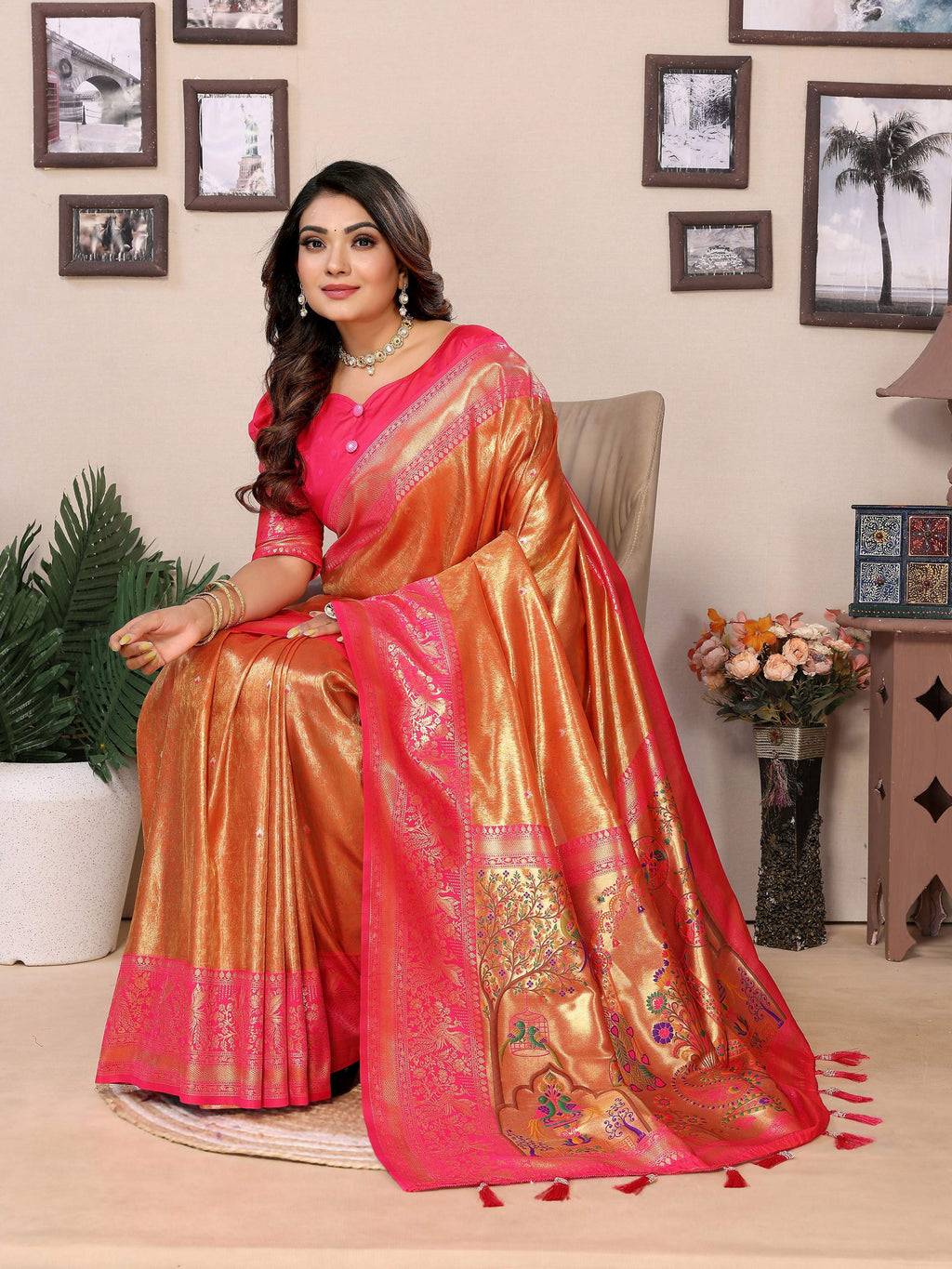 Aastha Fashion Orange Tissue Silk Weaving Saree | Grocsy