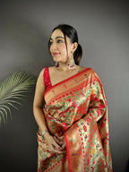 Joban Fashion Red Floral & Bird Motifs Soft Silk Paithani Saree | Grocsy