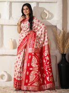 Shree Shyam Fashion Linen Cotton Red & White Saree | Grocsy