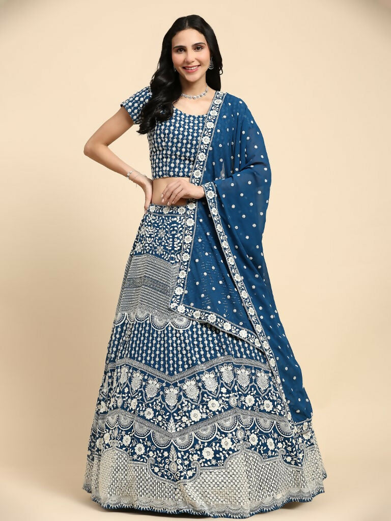 Teal Georgette Thread Embroidered Lehenga Choli with Dupatta - Tanya | Grocsy