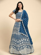 Teal Georgette Thread Embroidered Lehenga Choli with Dupatta - Tanya | Grocsy