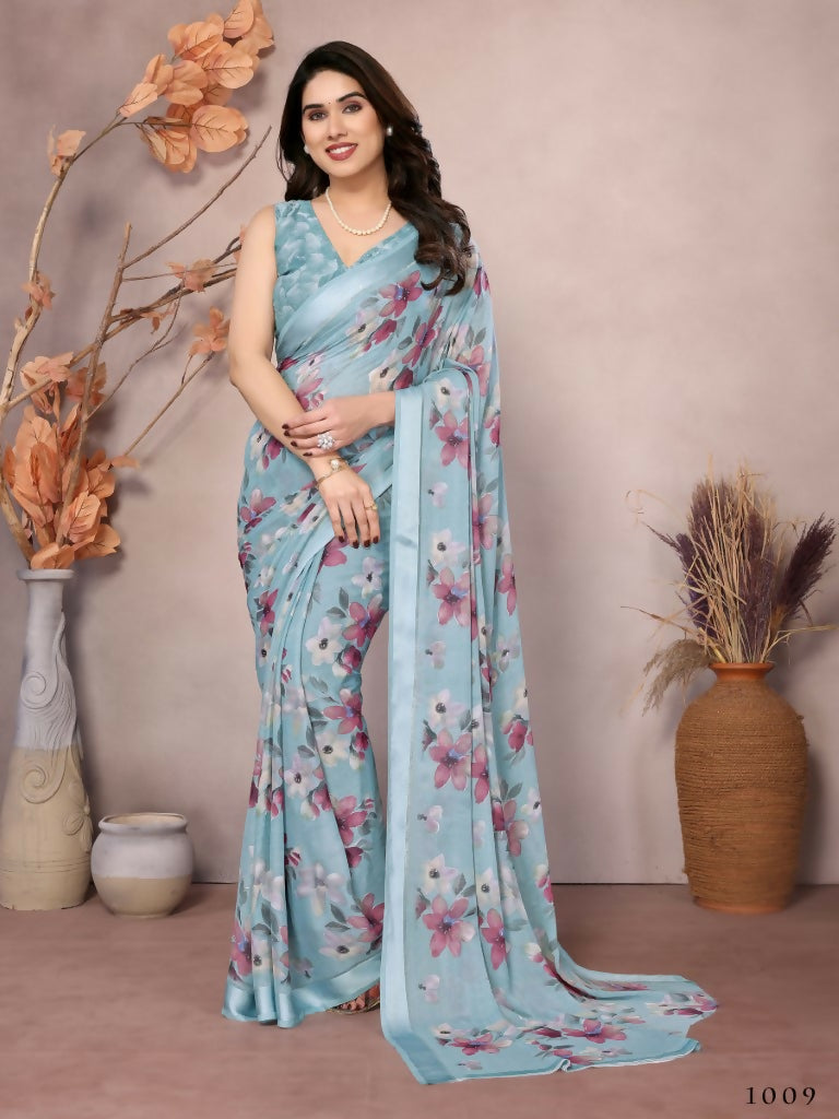 Designer Partywear Light Blue Bright Moss Satin Patta Fancy Saree - Kanak | Grocsy