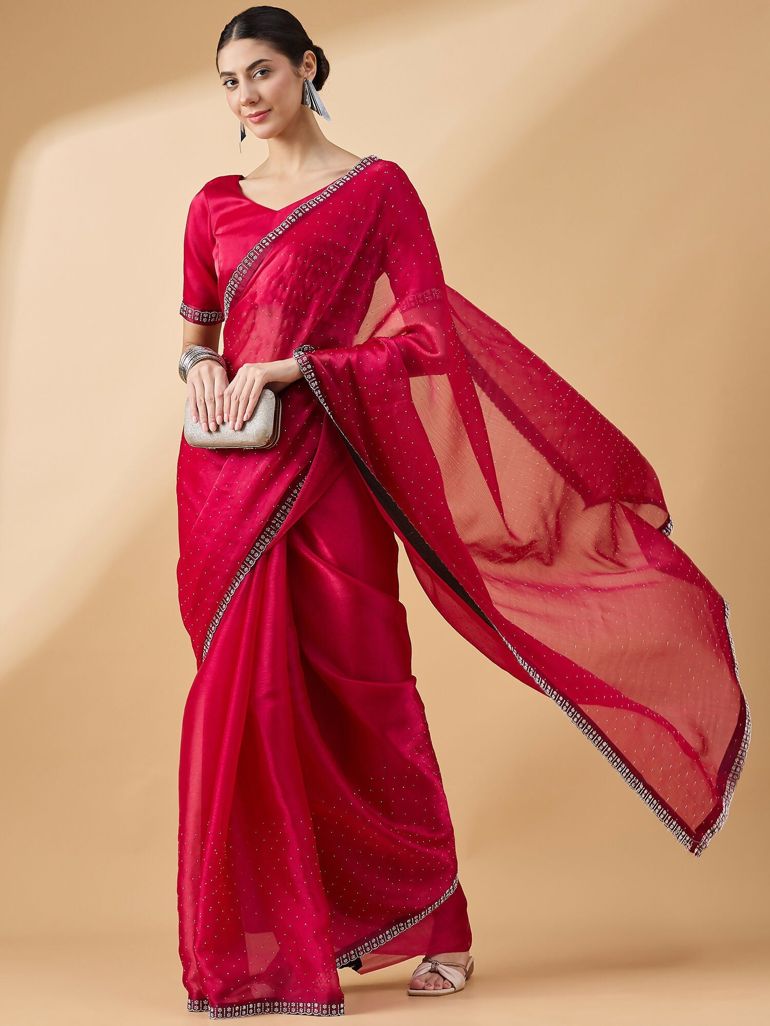 Pink Organza Swaroski Diamond Work Saree with Unstitched Blouse - Radha | Grocsy