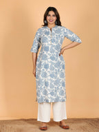 Aramya Blue Linen Cotton Floral Straight Kurta for Women | Grocsy