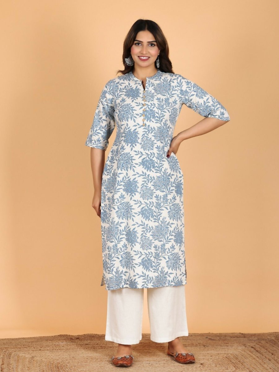 Aramya Blue Linen Cotton Floral Straight Kurta for Women | Grocsy