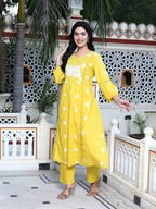 Miravan Women's Cotton Embroidered & Lace Embellished Yellow Bandhani Printed Kurta Palazzo Set | Grocsy