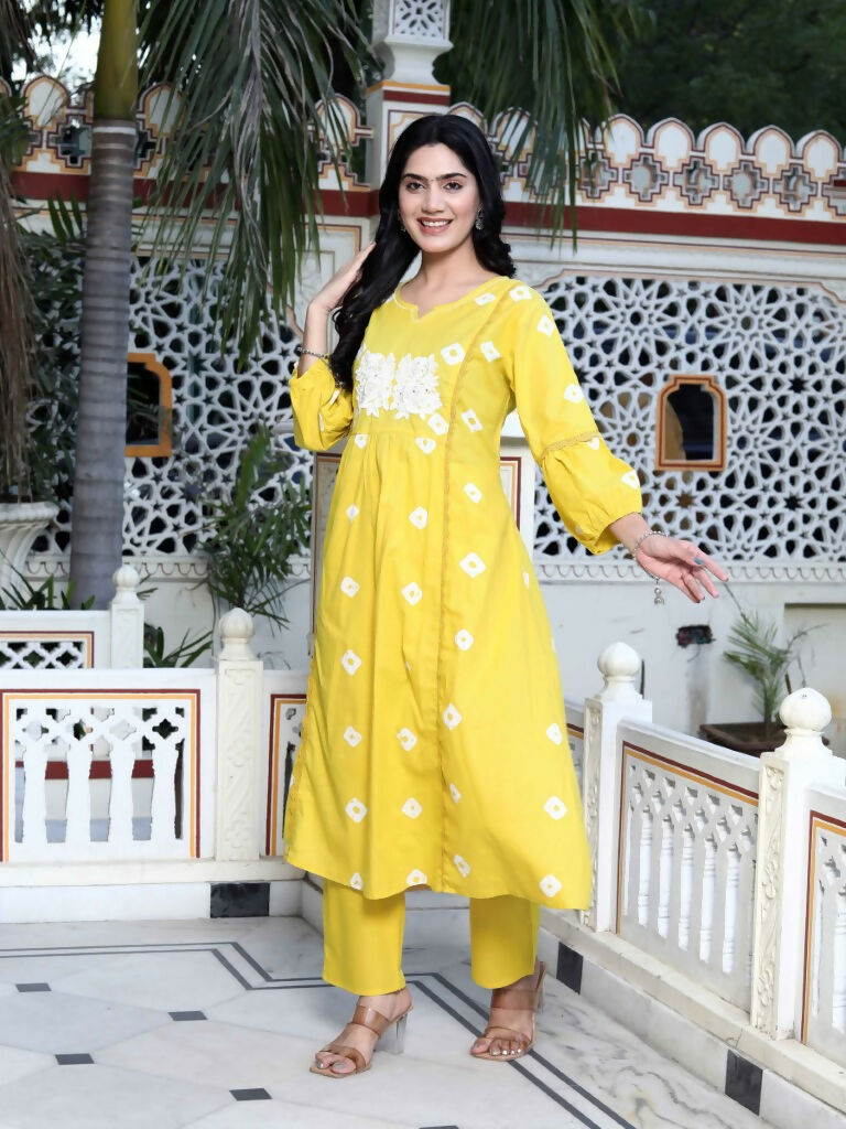 Miravan Women's Cotton Embroidered & Lace Embellished Yellow Bandhani Printed Kurta Palazzo Set | Grocsy