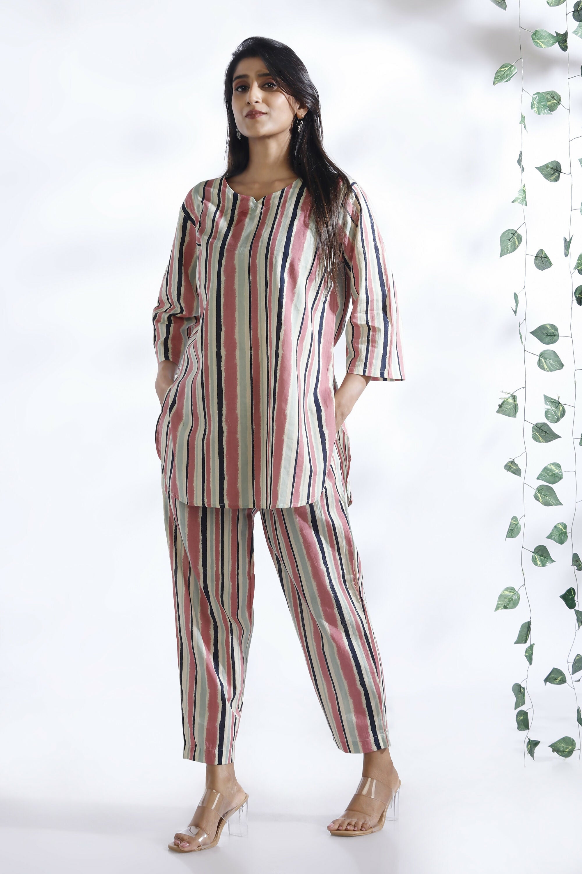Breathables Women’S Pink Cotton Stripes Loungewear Co-Ord Set | Grocsy