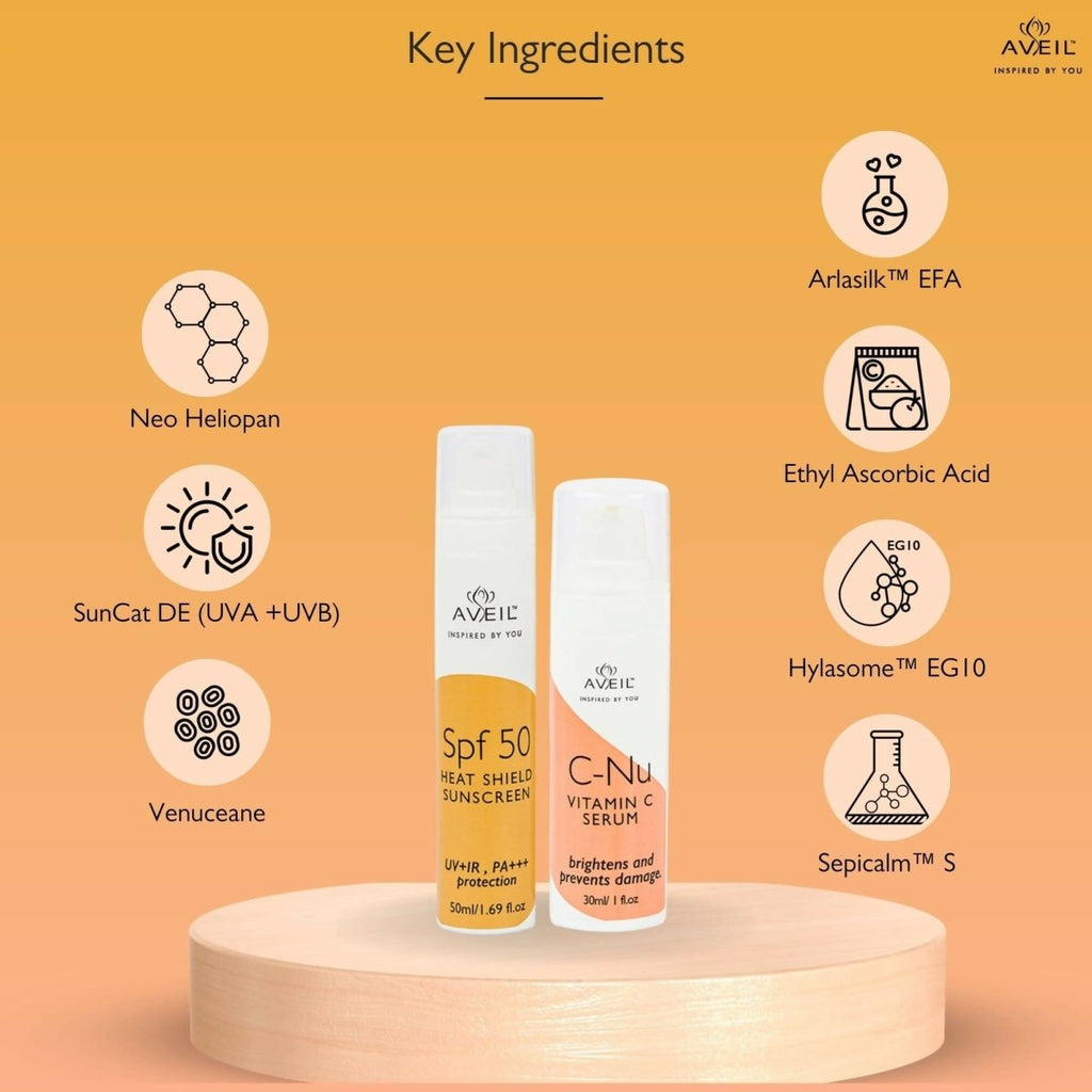 Aveil Heat Shield SPF 50 Gel Sunscreen & C-Nu Vitamin C Face Serum Combo | Grocsy