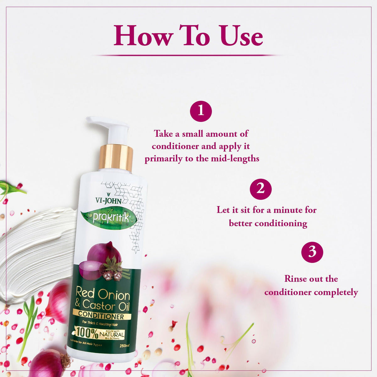 VI-JOHN Prakritik Red Onion & Castor Oil Conditioner to Prevent Dry Hair, 100% Natural Bio Actives | Grocsy