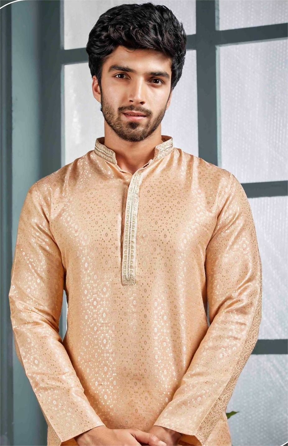 Joban Fashion Men's Light Peach Poly Jacquard Kurta Pajama | Grocsy