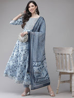 Yufta Women Blue Floral Printed Regular Pure Cotton Kurta with Trouser With Dupatta | Grocsy