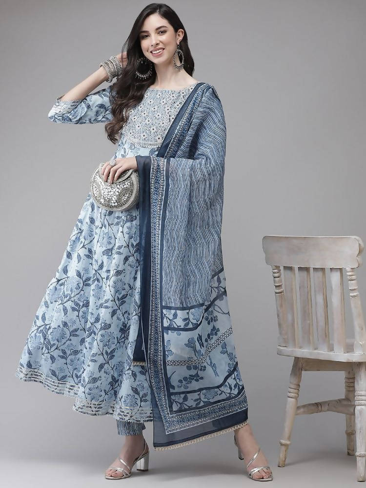 Yufta Women Blue Floral Printed Regular Pure Cotton Kurta with Trouser With Dupatta | Grocsy
