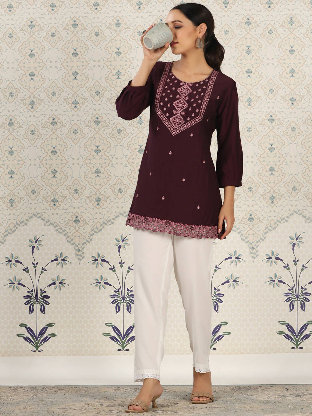 Magenta Chinon Embroidered Straight Top - Zeny | Grocsy