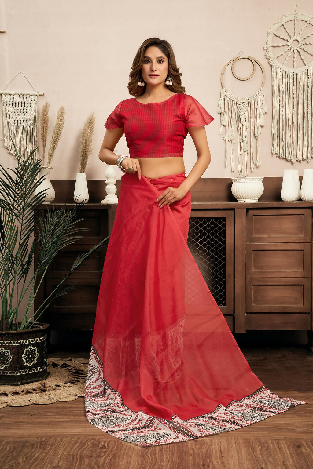Vastranavya Red Digital Printed Linen Ready To Wear Designer Saree with Unstitched Blouse | Grocsy