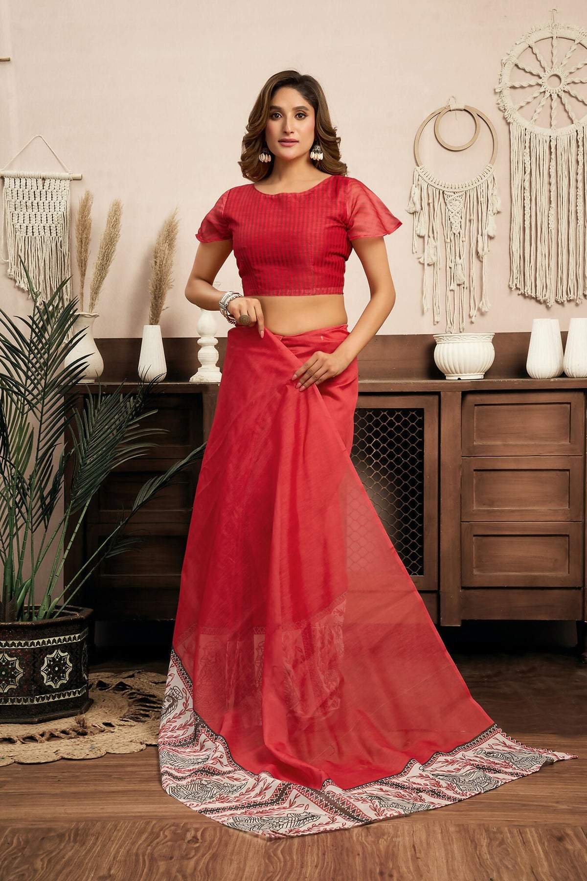 Vastranavya Red Digital Printed Linen Ready To Wear Designer Saree with Unstitched Blouse | Grocsy