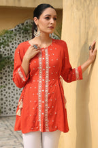 Juniper Women's Orange Rayon Crepe Embroidered Tunic | Grocsy