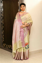 Joban Fashion Lavender & Brown Saree Kataan Applick Witch Mirror | Grocsy