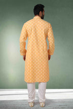 Raivat Ethnic Cotton Printed Work Kurta Pajama In Peach Colour | Grocsy
