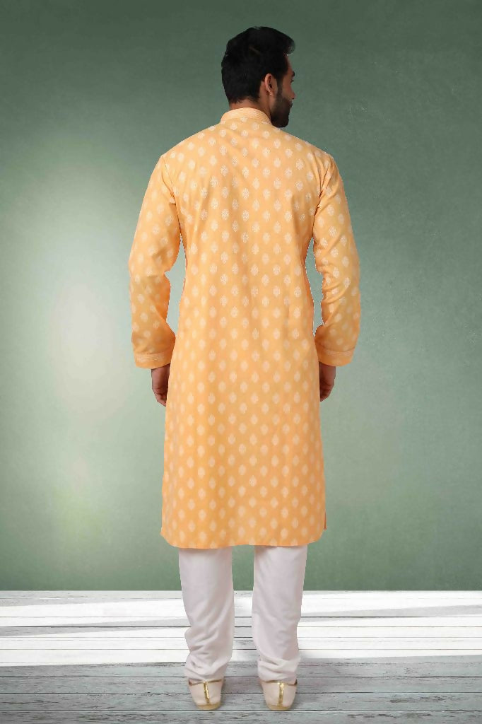 Raivat Ethnic Cotton Printed Work Kurta Pajama In Peach Colour | Grocsy