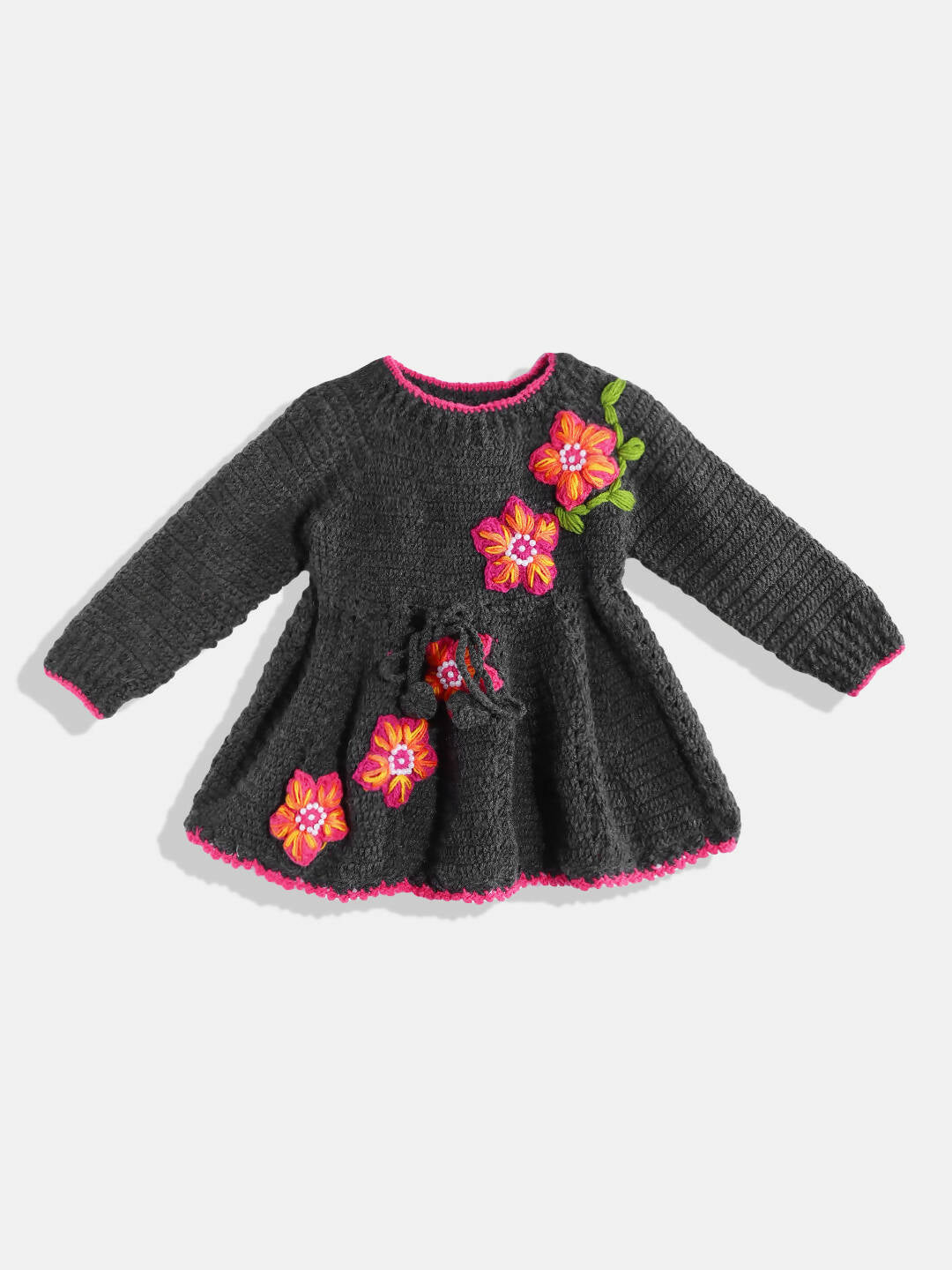Chutput Kids Woollen Hand Knitted Full Sleeves Lilium Detail Dress For Baby Girls - Grey | Grocsy