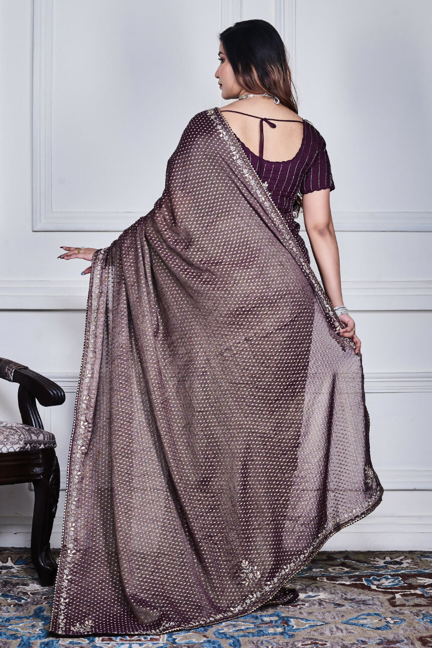 Morchari Purple Pure Chiffon Hand Embroidery Saree And Stitched Blouse | Grocsy
