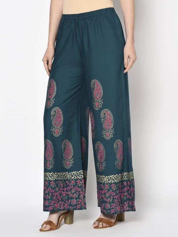 Aniyah Rayon Teal Blue Color Block Print Flared Slip-On Palazzo (AN-222K) | Grocsy
