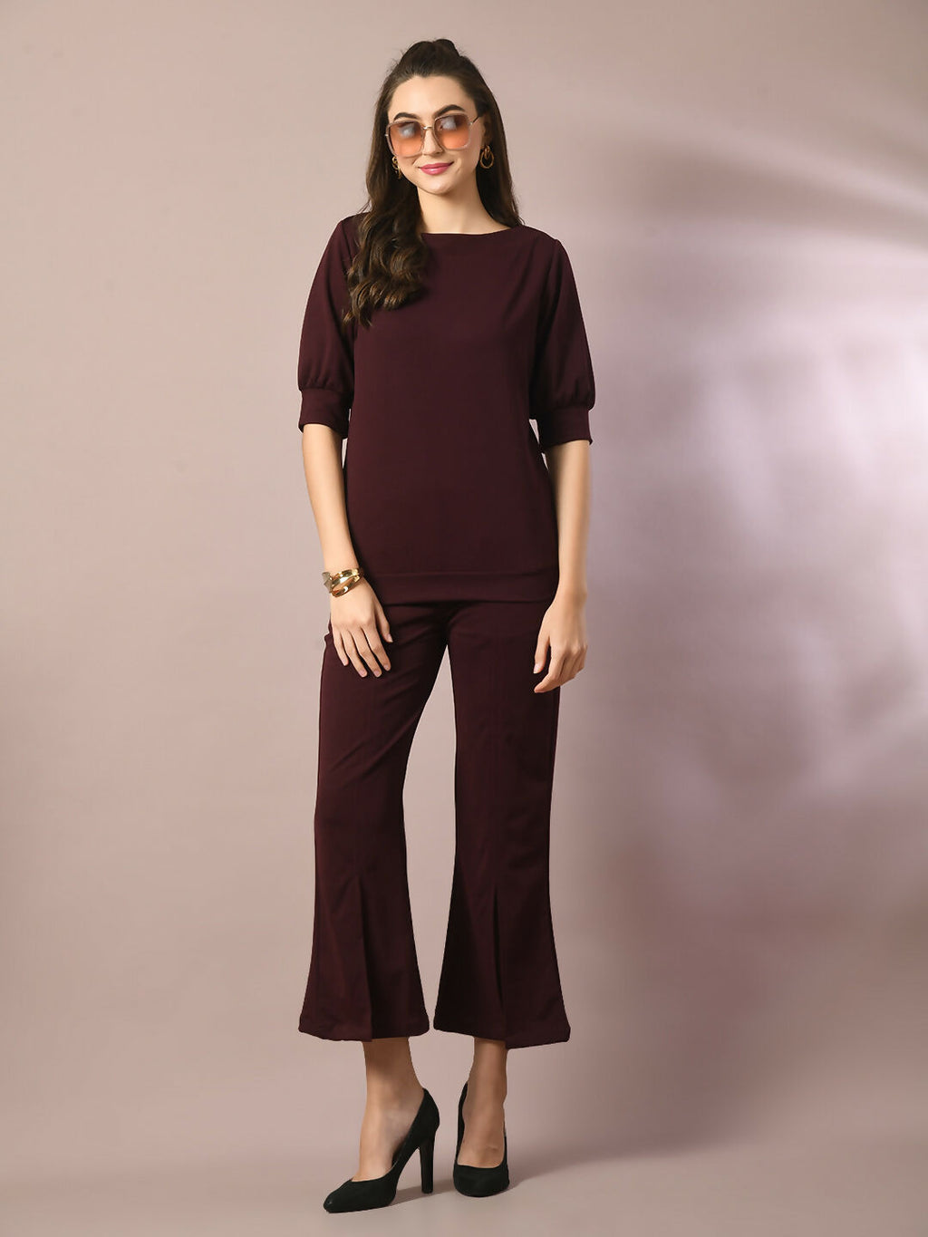 Myshka Women's Coffee Brown Solid Boat Neck Party Top With Trousers Co-ord set | Grocsy