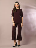 Myshka Women's Coffee Brown Solid Boat Neck Party Top With Trousers Co-ord set | Grocsy