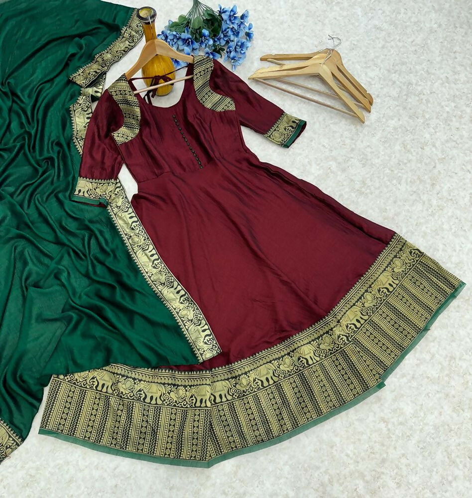 Teeya Creation Royal Maroon Anarkali Gown with Zari Border Dupatta for Women | Grocsy