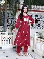 Miravan Women's Red Bandhani Printed Moti And Chikan Embroidered & Lace Work A Line Palazzo Set | Grocsy