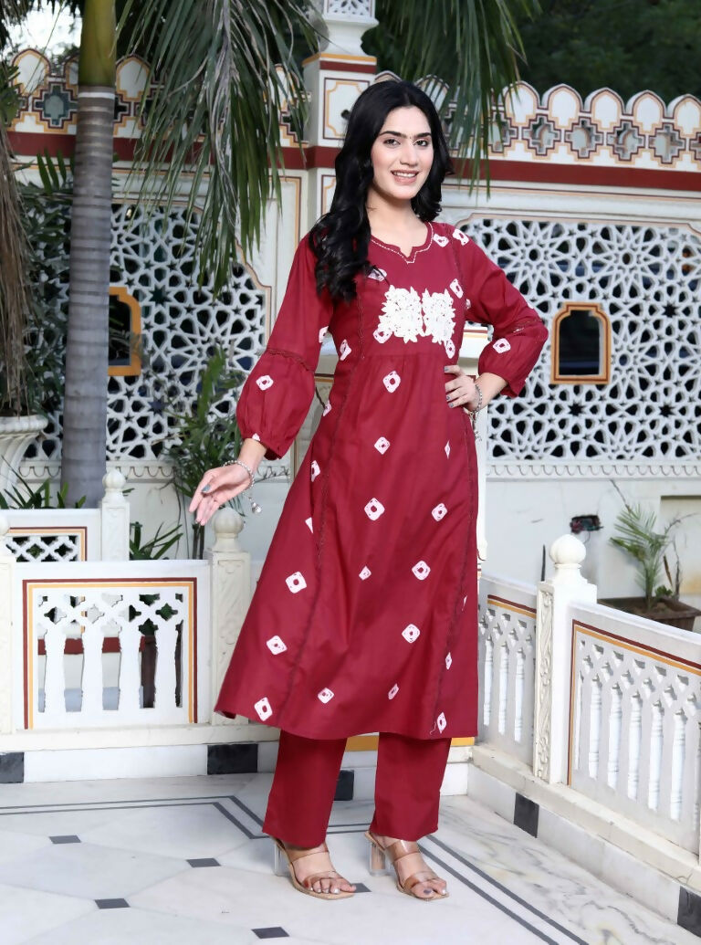 Miravan Women's Red Bandhani Printed Moti And Chikan Embroidered & Lace Work A Line Palazzo Set | Grocsy