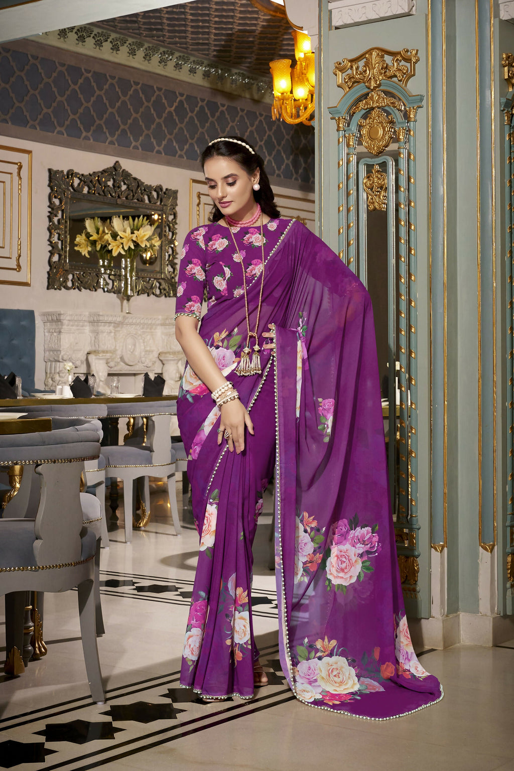 Vastranavya Purple Spectacular Georgette Printed with Pearl Lace Saree with Unstitched Blouse | Grocsy