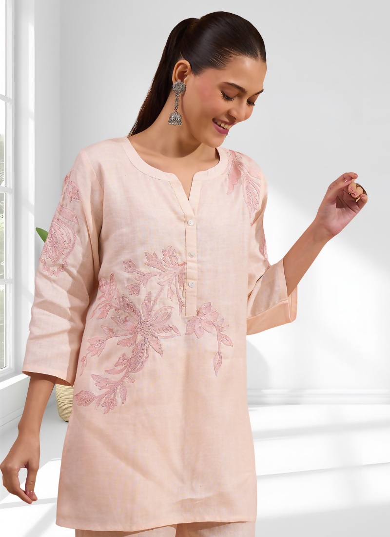 Joban Fashion Pink Linen Embroidered Readymade Cord Set | Grocsy