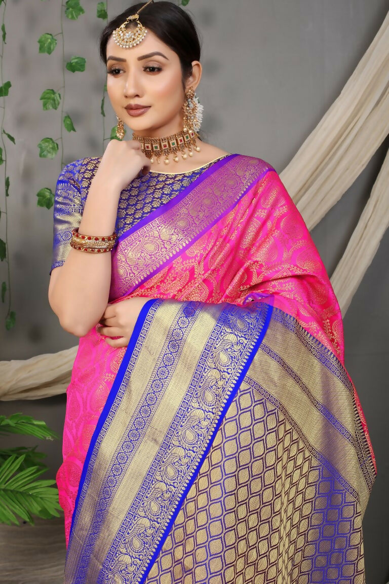 Jyoti Fashion Women's Pink Kanjivaram Silk Zari Woven Saree with Blouse | Grocsy