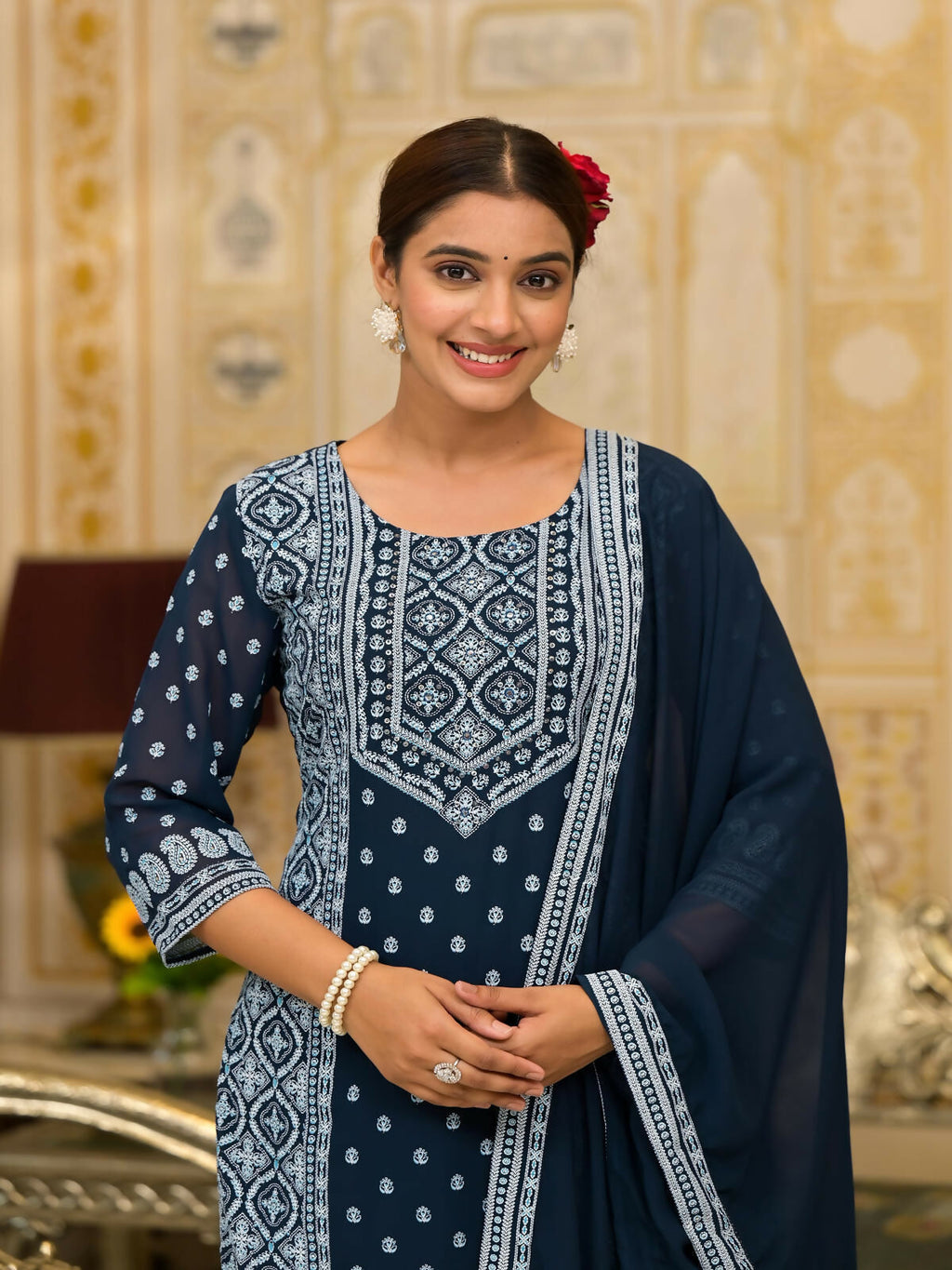 Juniper Women's Navy Ethnic Motif Printed Georgette Kurta Pant And Dupatta Set With Sequins & Beads | Grocsy
